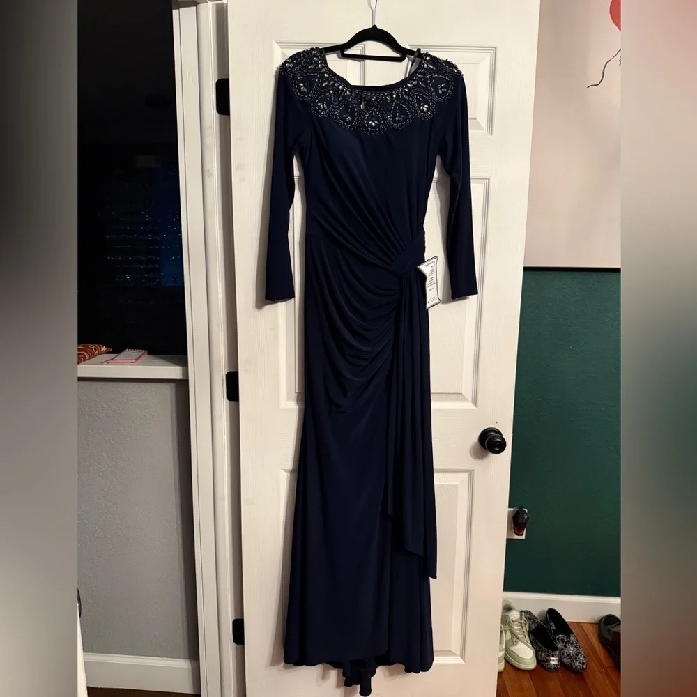 Xscape Navy Long Sleeve Gown with Embellished Neckline - Picture 1 of 6